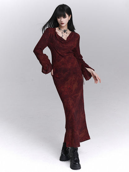 Fall with Gothic Ankle-Length Dress Adjustable Mermaid Red Tie Cuffs