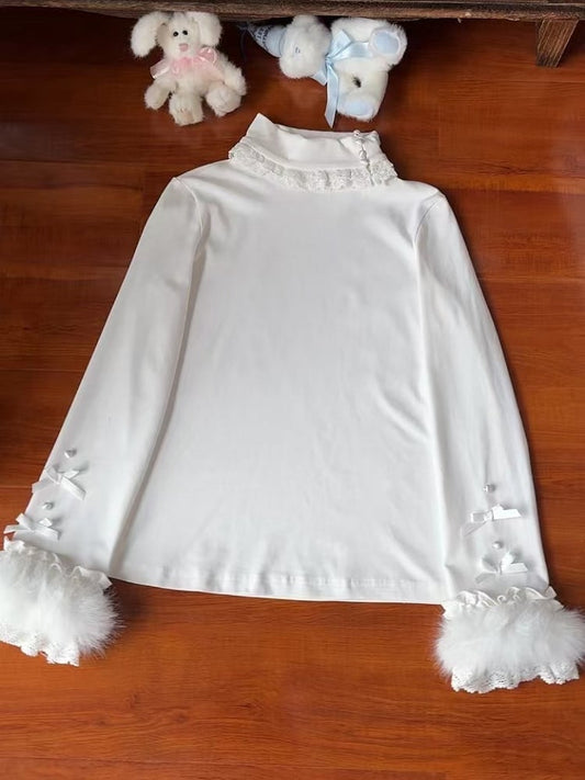 Top Accents Fur Blue White Cozy / Knit with High-Neck