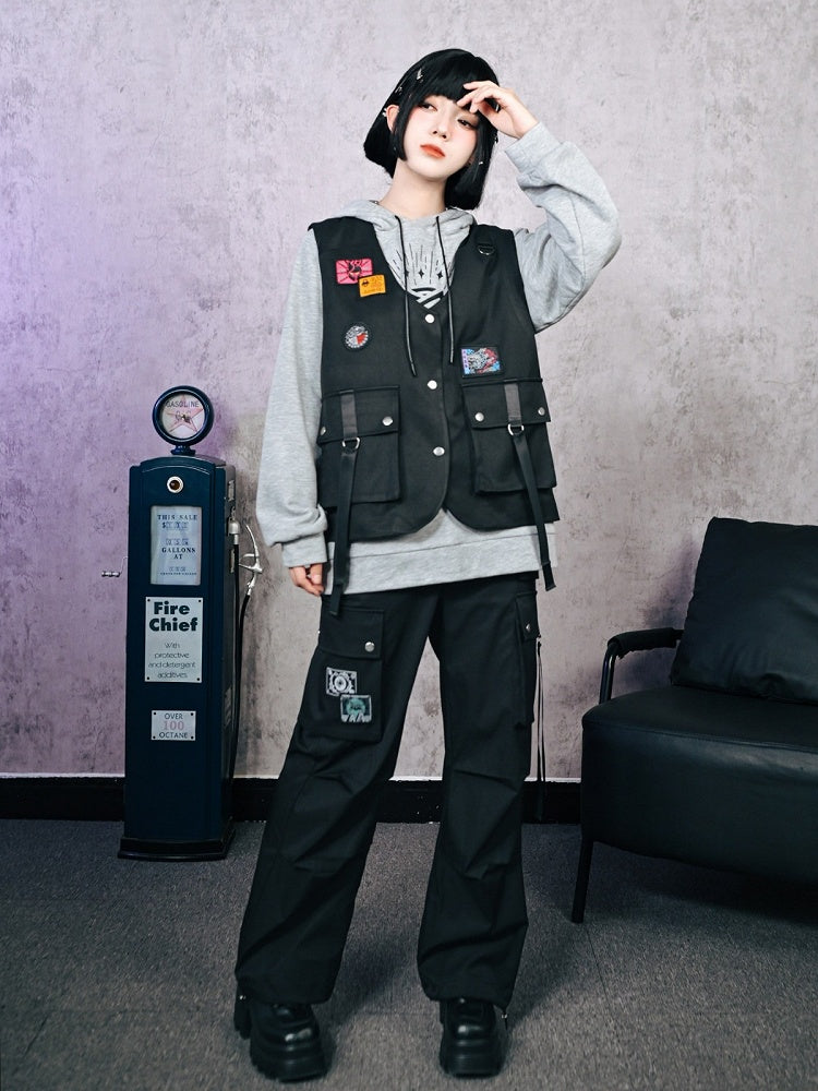 Dark Style Black Cargo Pocket Vest Decorated with Patches - Quirky Hut