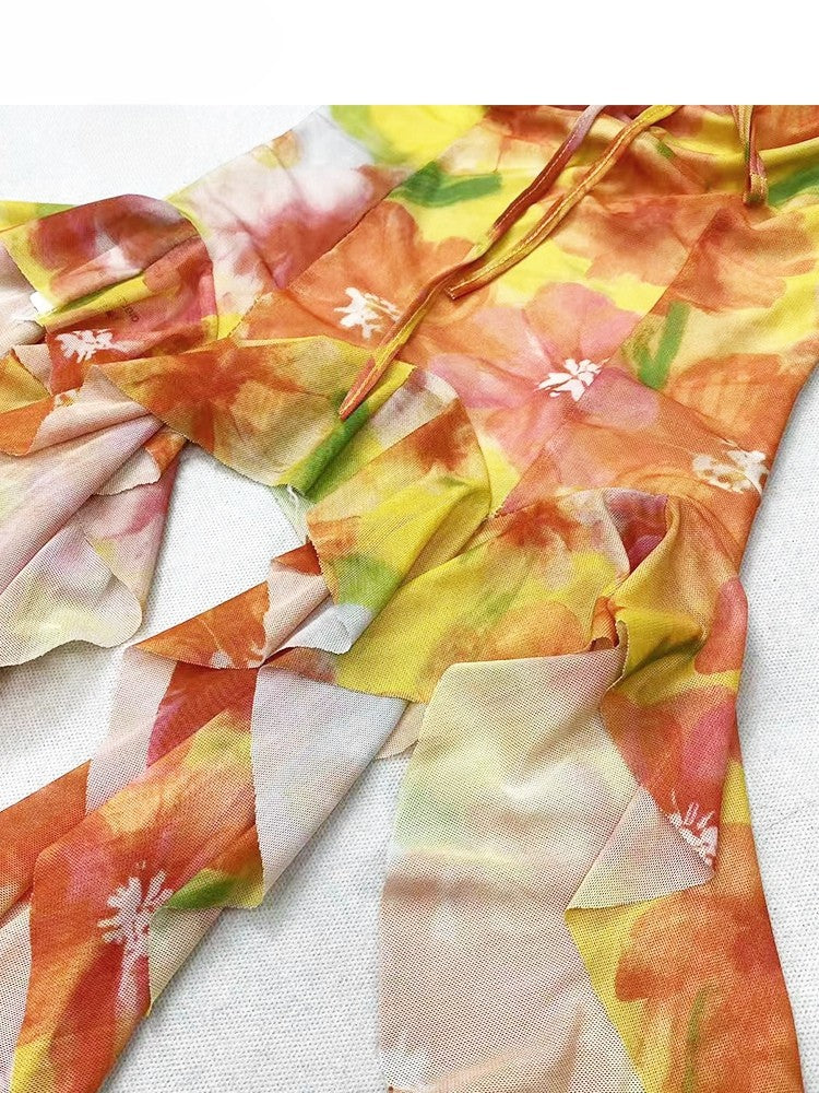 プリントトップ ラッフルアクセント オレンジチューブ ホリデーフローラルカスケーディング