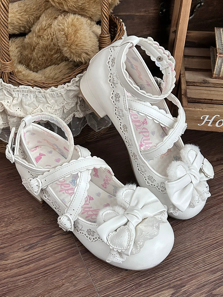White Low-Heel Mary Janes with Crisscross Straps by Sheep Puff