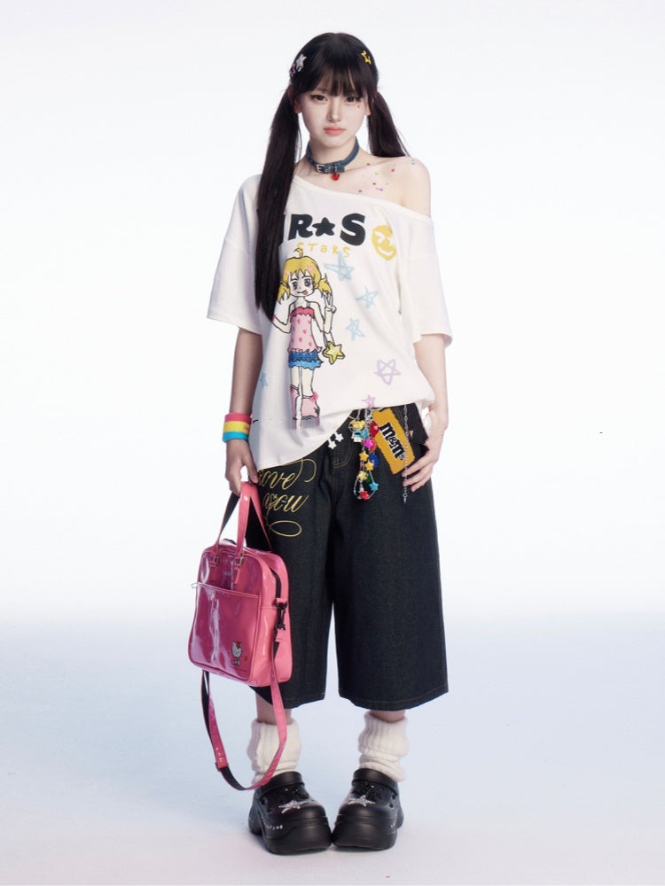 Wide-leg Jeans Print Vintage Letter Waist Charm and Black Low