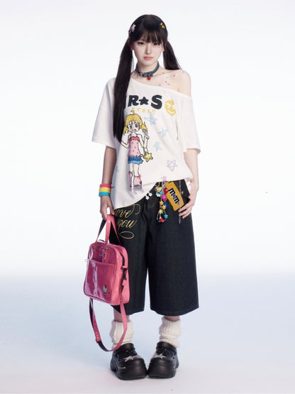 Wide-leg Jeans Print Vintage Letter Waist Charm and Black Low