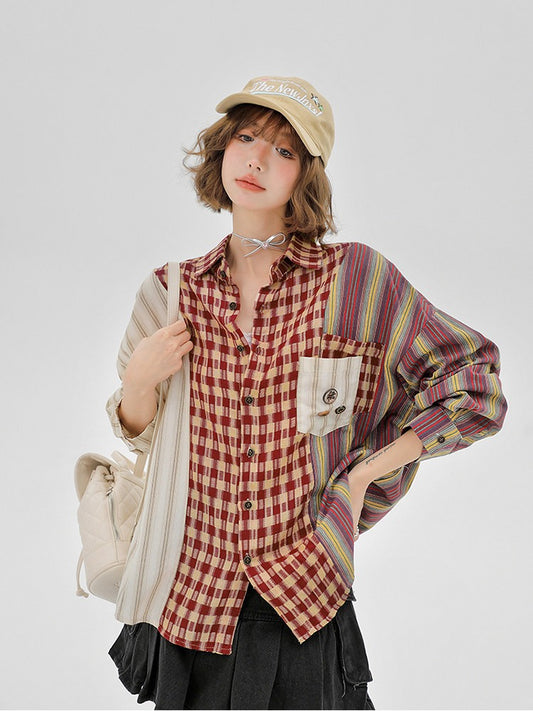 Retro Colorblock Plaid Striped Long Sleeve Shirt - sijinstudio