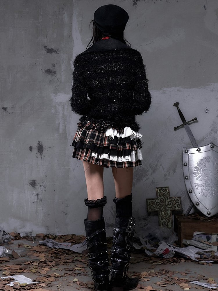 Vintage Punk Shorts Crisscross Plaid Black Skirt Tiered Built-In with Lacing