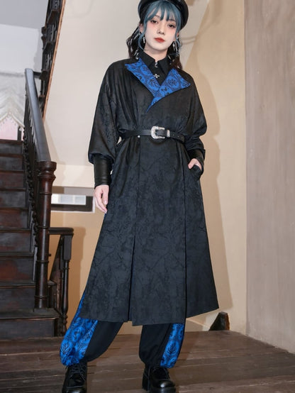 Cheongsam Style Long Coat Print and Blue Coral Black Jacquard Seahorses Reversible