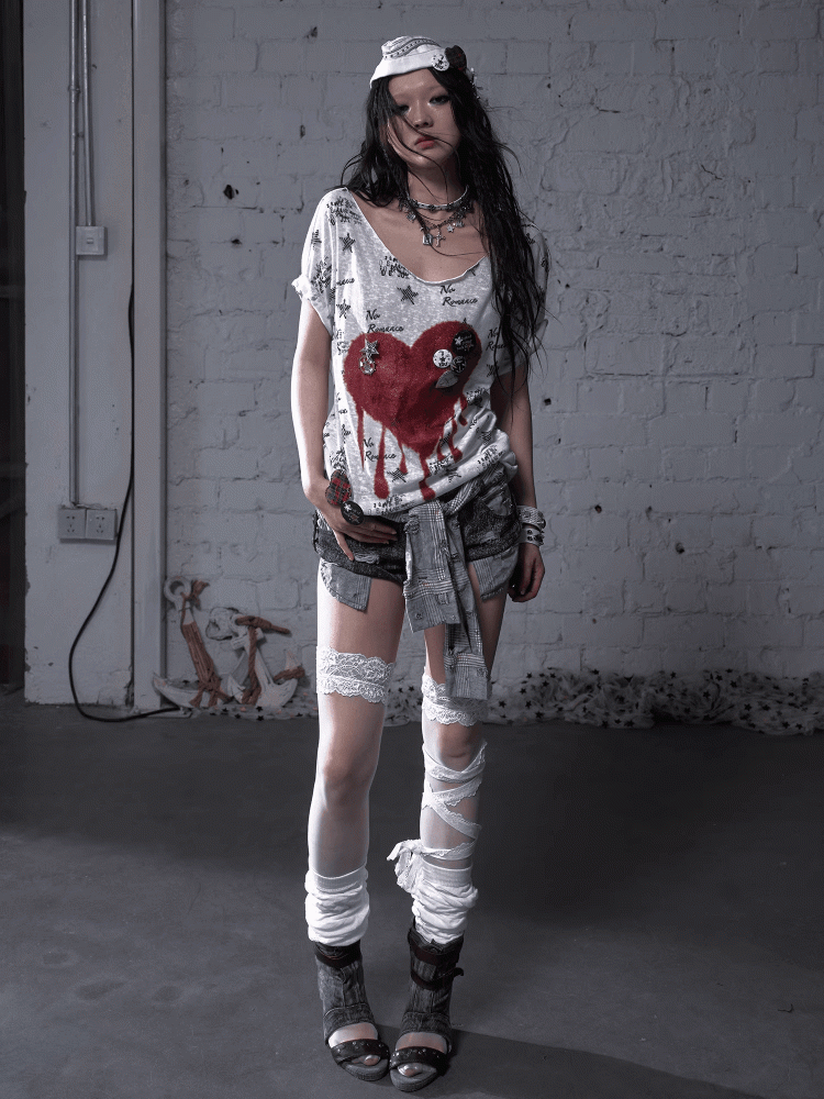 Schwarz/Weißes Navycore-Grafik-T-Shirt im Distressed-Design