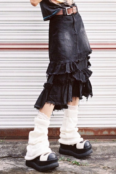 切りっぱなしミディデニムスカート