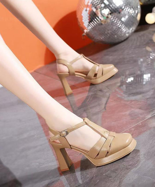 Splicing Buckle Heel Hollow Out Sandals Chunky Apricot Strap