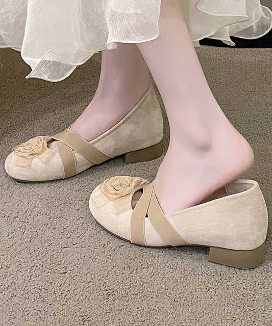 Floral Strap Feet Shoes Cross Flat Apricot Suede Splicing