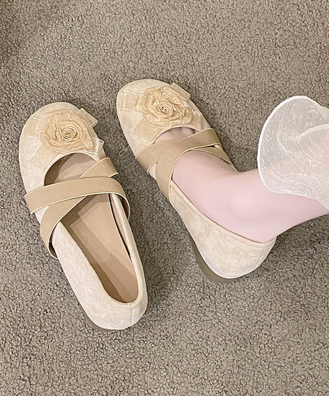 Floral Strap Feet Shoes Cross Flat Apricot Suede Splicing
