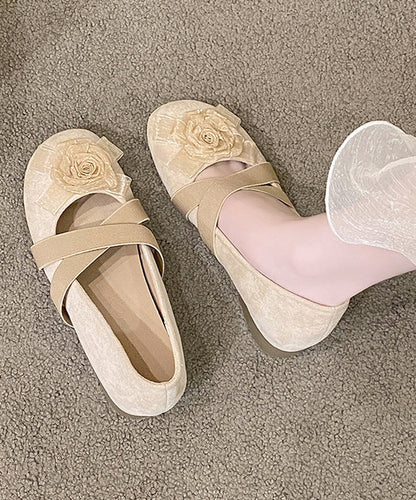 Floral Strap Feet Shoes Cross Flat Apricot Suede Splicing