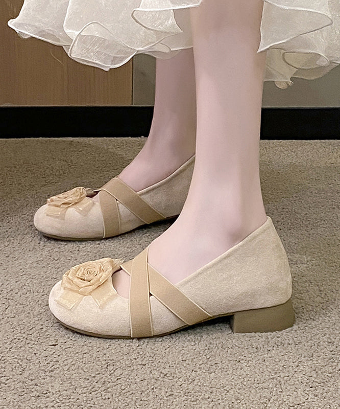 Floral Strap Feet Shoes Cross Flat Apricot Suede Splicing
