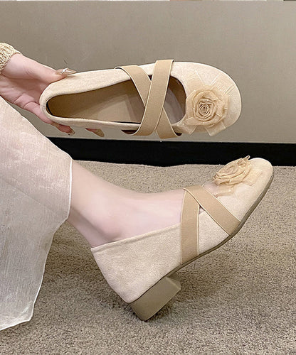 Floral Strap Feet Shoes Cross Flat Apricot Suede Splicing