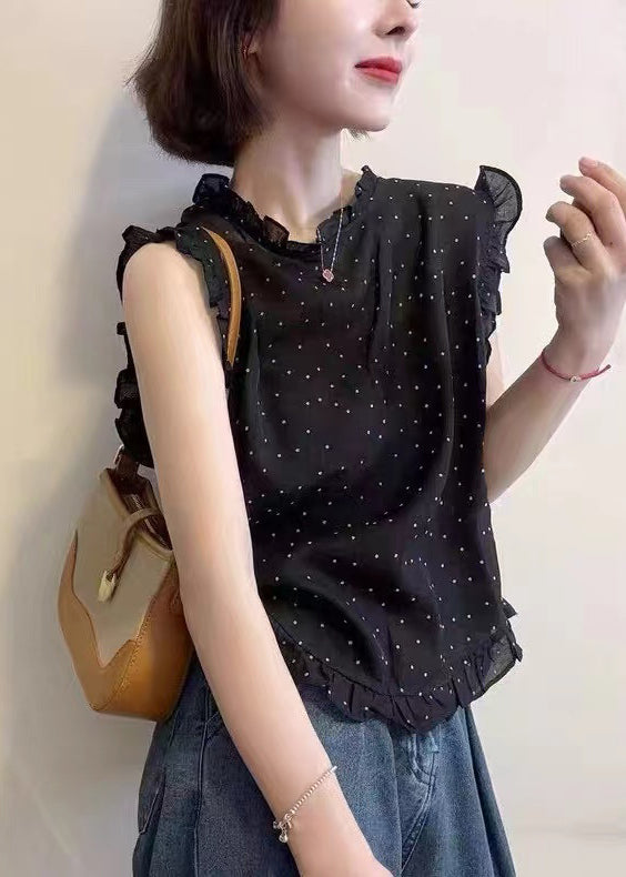 ノースリーブのドット柄ベスト ブラック シフォン フリルプリント 美しい