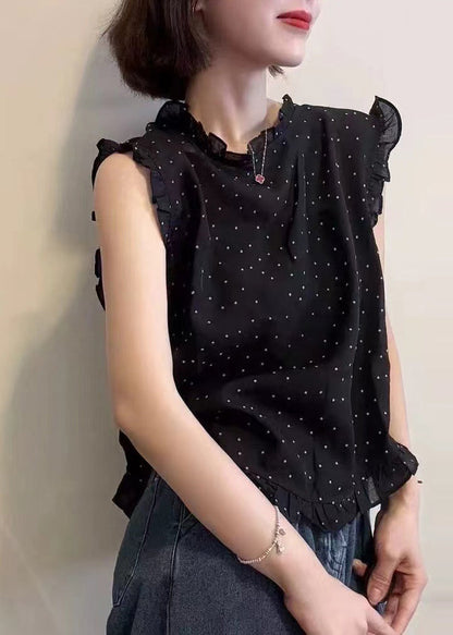 ノースリーブのドット柄ベスト ブラック シフォン フリルプリント 美しい