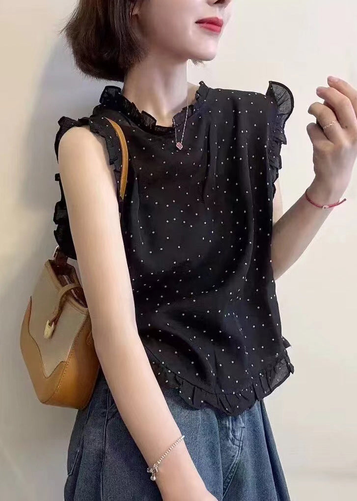 ノースリーブのドット柄ベスト ブラック シフォン フリルプリント 美しい
