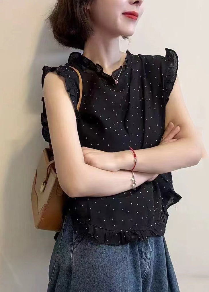 ノースリーブのドット柄ベスト ブラック シフォン フリルプリント 美しい