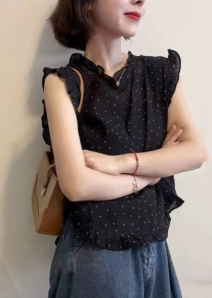 ノースリーブのドット柄ベスト ブラック シフォン フリルプリント 美しい