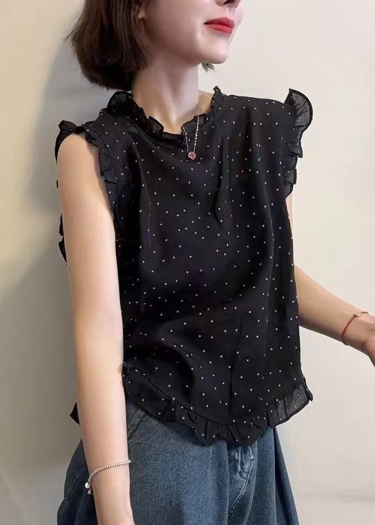 ノースリーブのドット柄ベスト ブラック シフォン フリルプリント 美しい