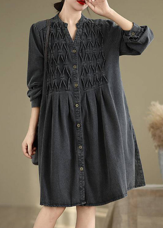 Herbstkleider Falten V Lang Patchwork Hals Schwarz