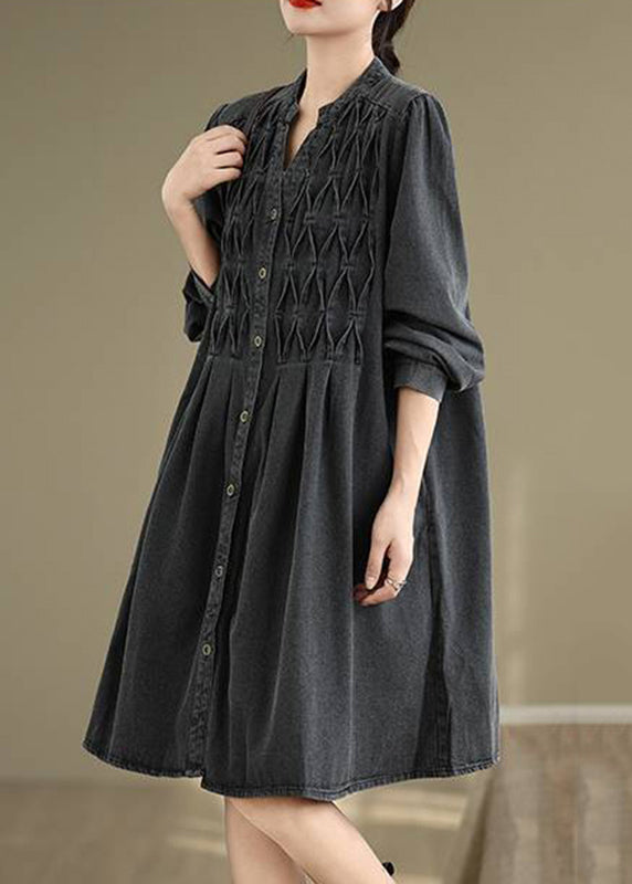 Herbstkleider Falten V Lang Patchwork Hals Schwarz
