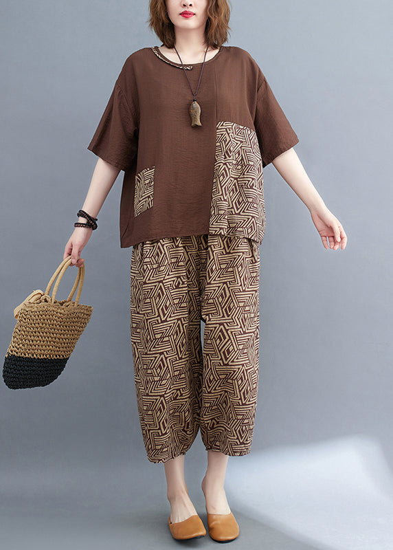 Braunes Sommerset Patchwork Print Baumwollstück Zwei asymmetrische