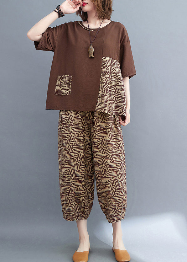 Braunes Sommerset Patchwork Print Baumwollstück Zwei asymmetrische
