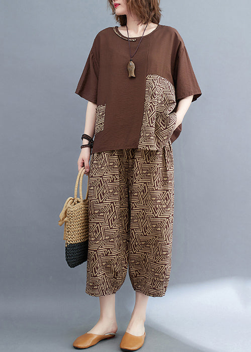 Braunes Sommerset Patchwork Print Baumwollstück Zwei asymmetrische