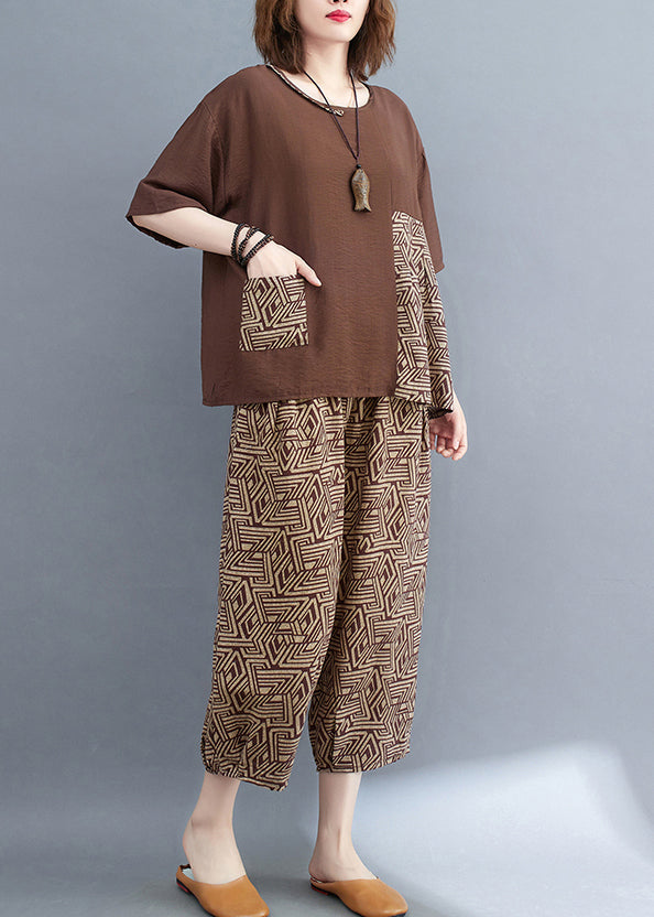 Braunes Sommerset Patchwork Print Baumwollstück Zwei asymmetrische