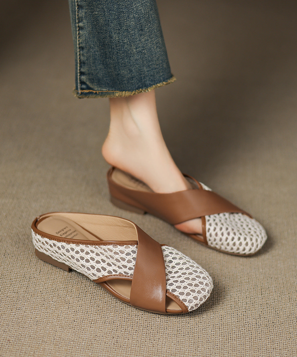 Mesh Splicing Sheepskin Slide New Brown Sandals Breathable