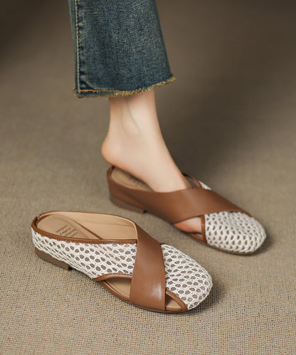 Mesh Splicing Sheepskin Slide New Brown Sandals Breathable