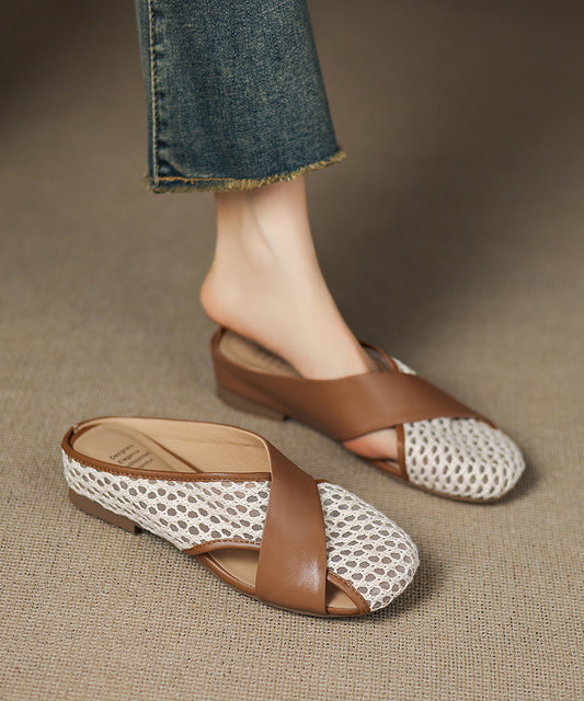 Mesh Splicing Sheepskin Slide New Brown Sandals Breathable