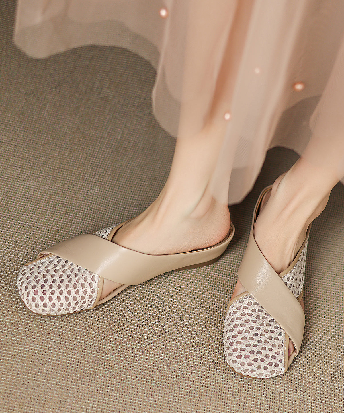 Mesh Splicing Sheepskin Slide New Brown Sandals Breathable