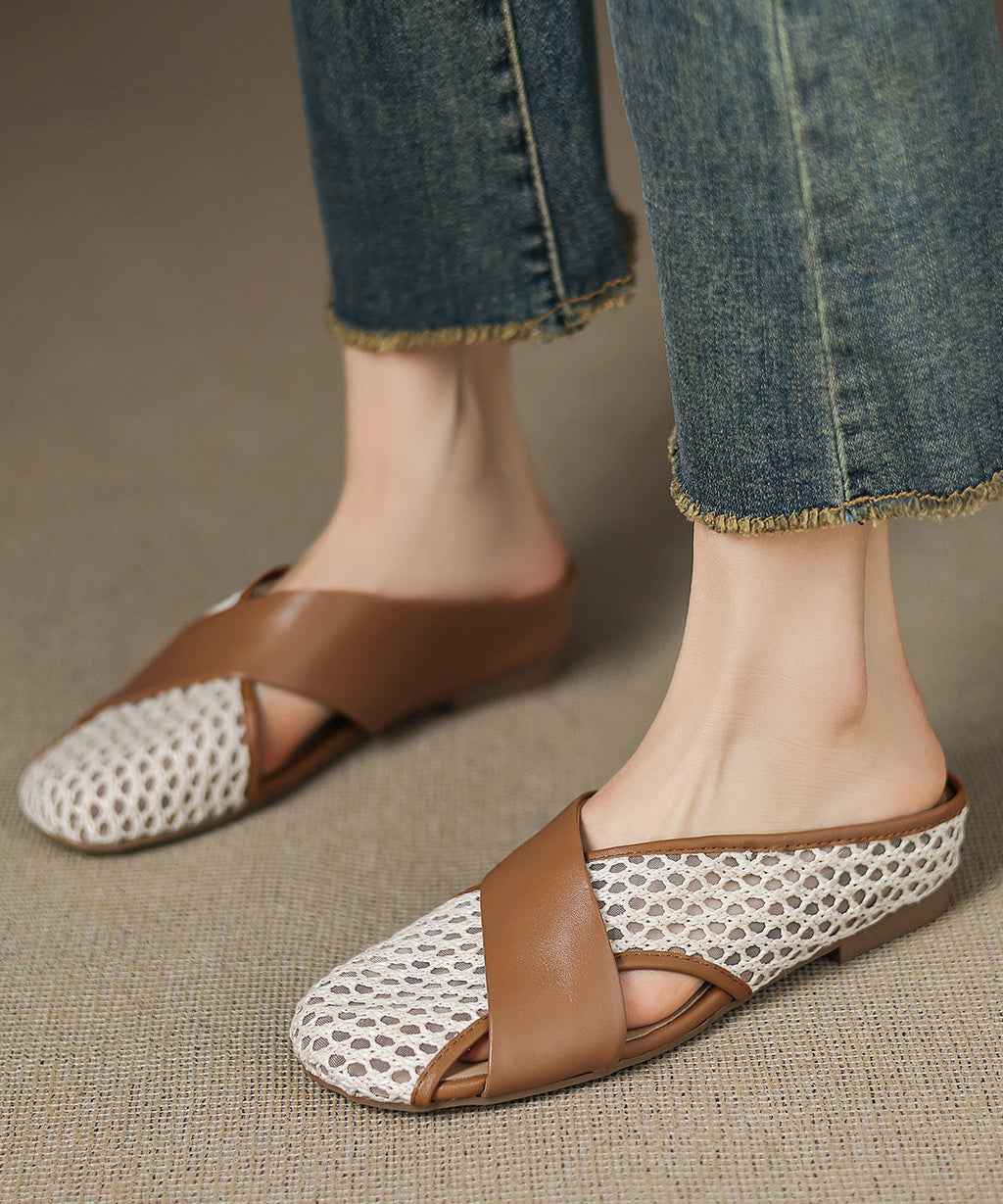 Mesh Splicing Schaffell Slide Neue braune Sandalen atmungsaktiv