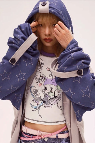 Bicolor Loose Hooded Hoodie Mode