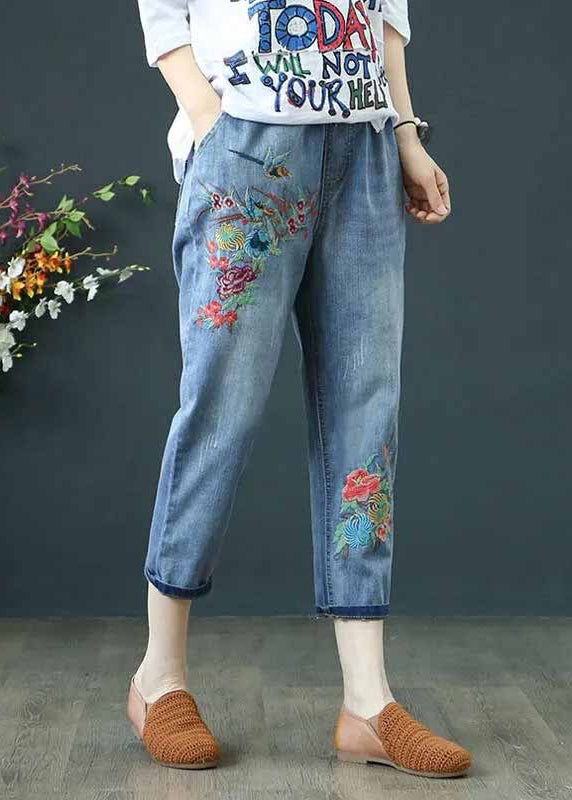 Summer Blue Casual Denim Ripped Pants Embroidered