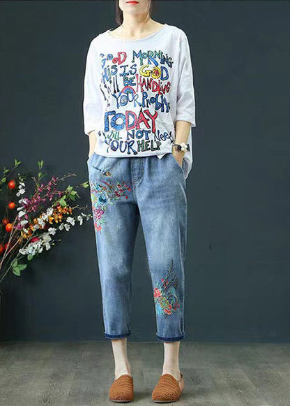 Summer Blue Casual Denim Ripped Pants Embroidered