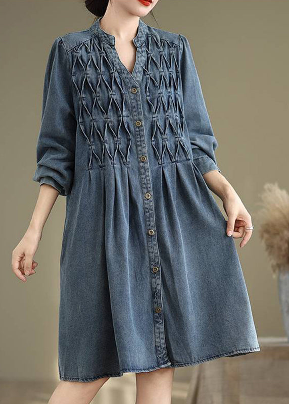 Ärmel Lange Stand Kleid Laterne Casual Kragen Knopf Blau