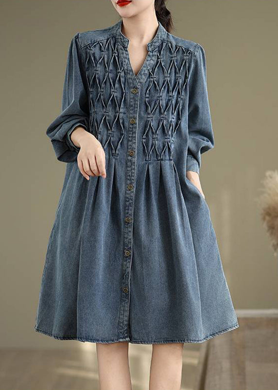 Ärmel Lange Stand Kleid Laterne Casual Kragen Knopf Blau