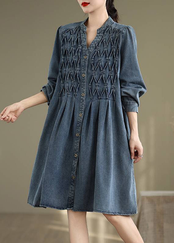 Ärmel Lange Stand Kleid Laterne Casual Kragen Knopf Blau