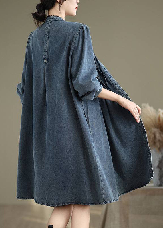 Ärmel Lange Stand Kleid Laterne Casual Kragen Knopf Blau