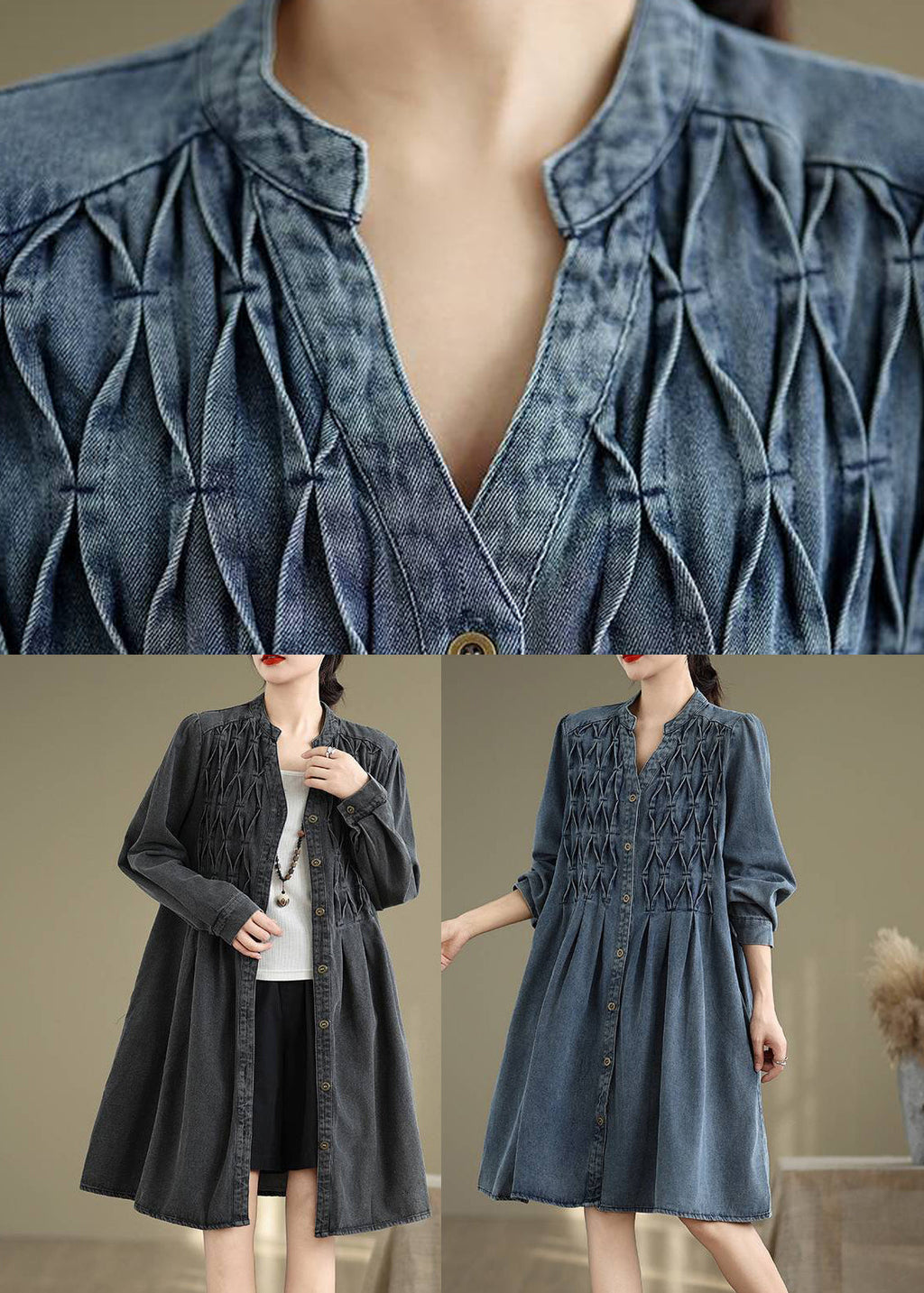 Ärmel Lange Stand Kleid Laterne Casual Kragen Knopf Blau