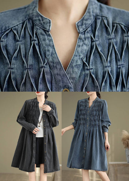 Ärmel Lange Stand Kleid Laterne Casual Kragen Knopf Blau