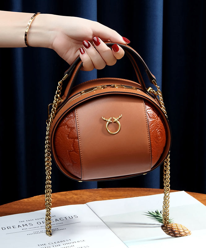 Runde, vielseitige, lässige Tasche aus braunem Kalbsleder