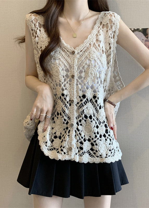 ネックアウト アプリコット ニットベスト Vネック 中空 ノースリーブ シック