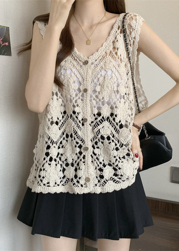 ネックアウト アプリコット ニットベスト Vネック 中空 ノースリーブ シック