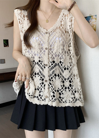 ネックアウト アプリコット ニットベスト Vネック 中空 ノースリーブ シック