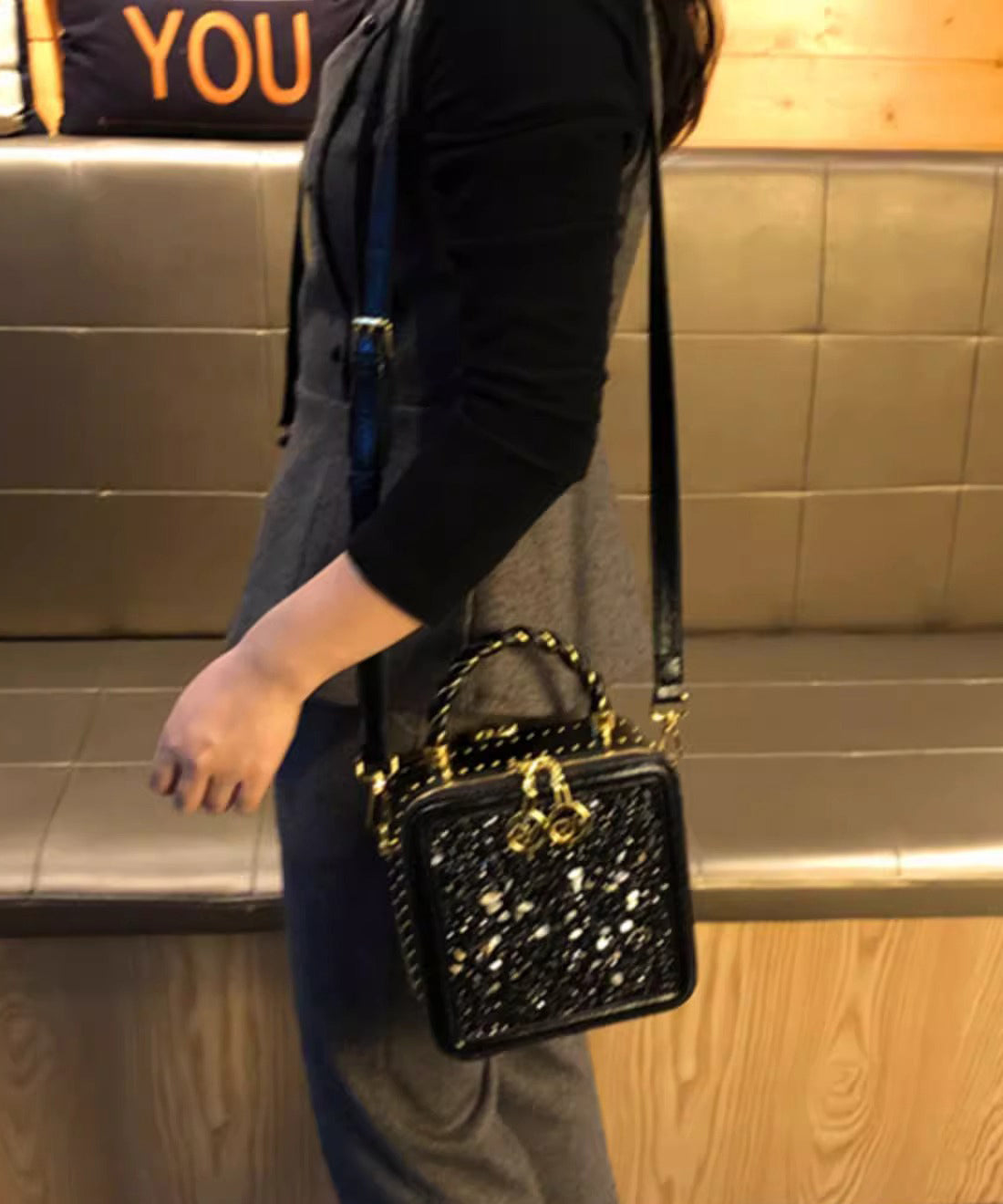 ブラックミニカーフ多用途レザーバッグジルコンシック