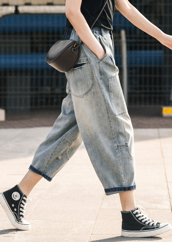 Blaue zerrissene Jeanshose Oversize Patchwork Sommer Applikation Chic